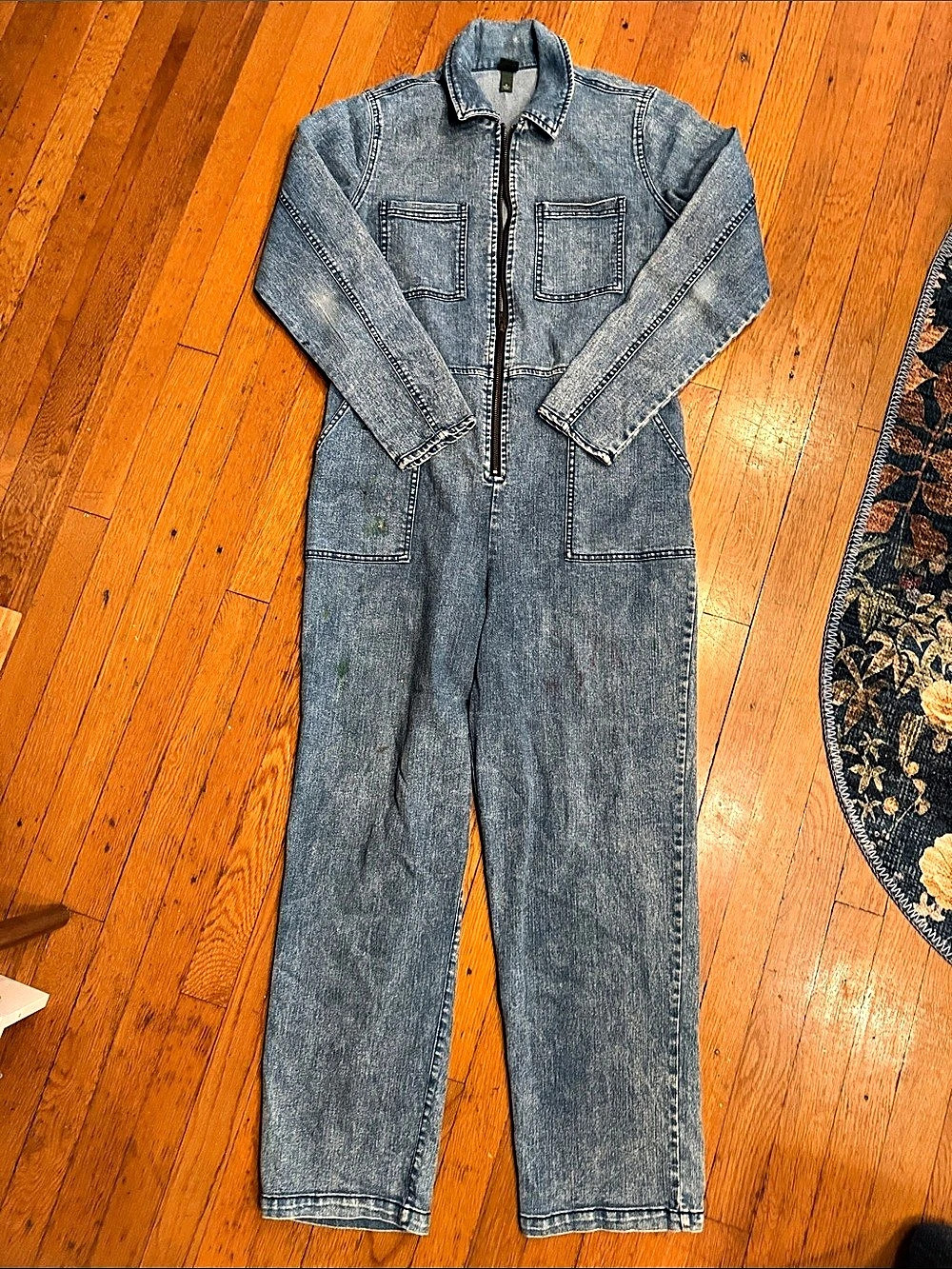 Wild Fable Long Sleeve Collared Denim Zip Front Utility Jumpsuit Painter Blue Si